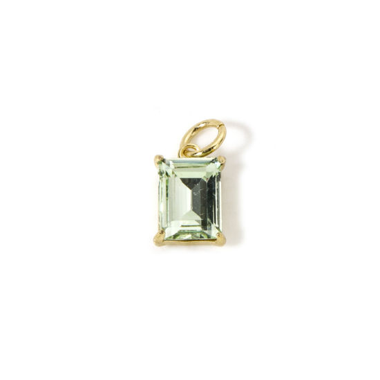 Picture of 2 PCs Eco-friendly Brass & Glass Geometric Charms 18K Real Gold Plated Light Green Rectangle 14mm x 7mm