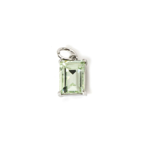 Picture of 2 PCs Eco-friendly Brass & Glass Geometric Charms Real Platinum Plated Light Green Rectangle 14mm x 7mm