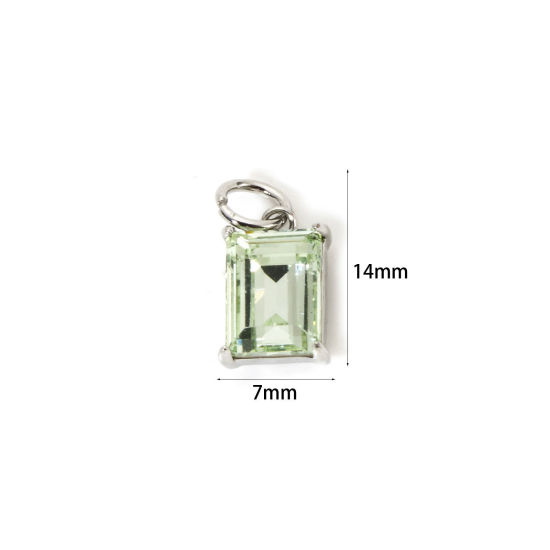 Picture of 2 PCs Eco-friendly Brass & Glass Geometric Charms Real Platinum Plated Light Green Rectangle 14mm x 7mm