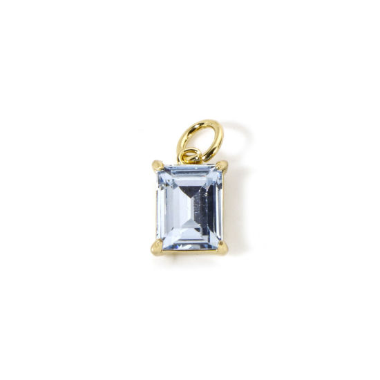 Picture of 2 PCs Eco-friendly Brass & Glass Geometric Charms 18K Real Gold Plated Blue Rectangle 14mm x 7mm