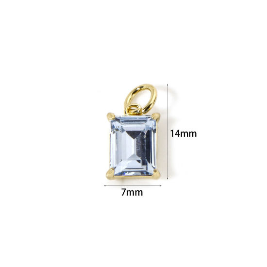 Picture of 2 PCs Eco-friendly Brass & Glass Geometric Charms 18K Real Gold Plated Blue Rectangle 14mm x 7mm