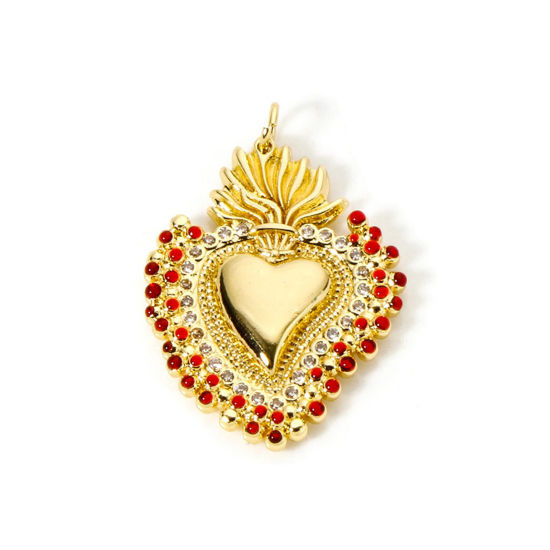 Picture of 1 Piece Eco-friendly Brass Religious Pendants 18K Real Gold Plated Red Enamel Ex Voto Heart Micro Pave Clear Cubic Zirconia 3.5cm x 2.4cm