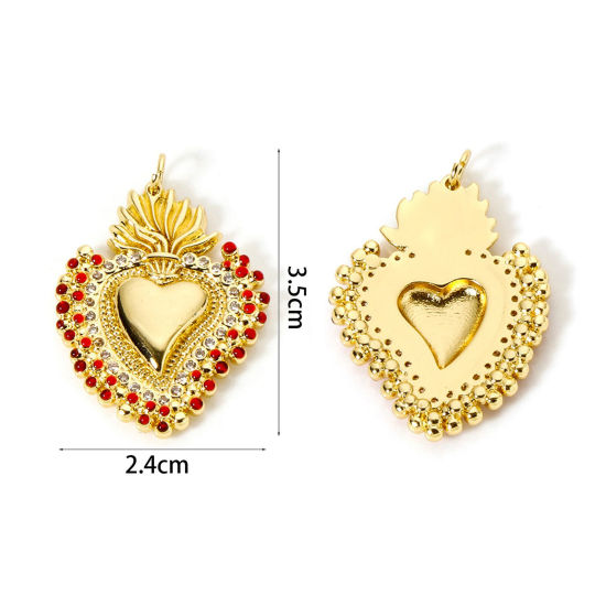 Picture of 1 Piece Eco-friendly Brass Religious Pendants 18K Real Gold Plated Red Enamel Ex Voto Heart Micro Pave Clear Cubic Zirconia 3.5cm x 2.4cm