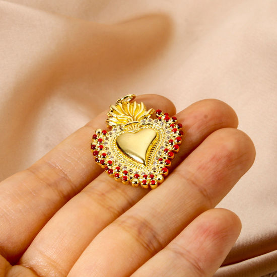 Picture of 1 Piece Eco-friendly Brass Religious Pendants 18K Real Gold Plated Red Enamel Ex Voto Heart Micro Pave Clear Cubic Zirconia 3.5cm x 2.4cm