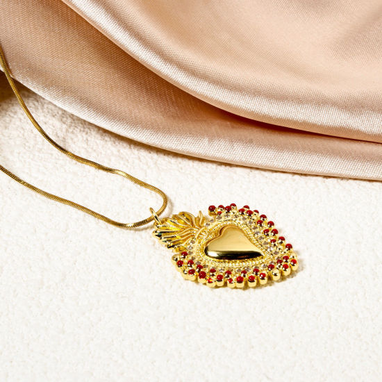 Picture of 1 Piece Eco-friendly Brass Religious Pendants 18K Real Gold Plated Red Enamel Ex Voto Heart Micro Pave Clear Cubic Zirconia 3.5cm x 2.4cm