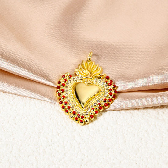 Picture of 1 Piece Eco-friendly Brass Religious Pendants 18K Real Gold Plated Red Enamel Ex Voto Heart Micro Pave Clear Cubic Zirconia 3.5cm x 2.4cm