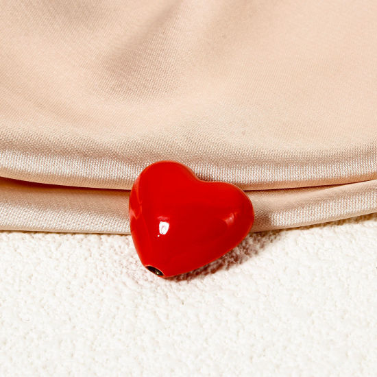 Picture of 1 Piece Eco-friendly Brass Valentine's Day Beads For DIY Jewelry Making 18K Real Gold Plated Red Heart Enamel 20mm x 18.5mm, Hole: Approx 2.5mm