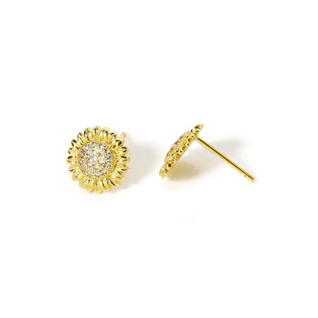 Picture of 1 Pair Eco-friendly Stylish Exquisite 18K Real Gold Plated Brass & Cubic Zirconia Sunflower Ear Post Stud Earrings For Women 10mm x 10mm, Post/ Wire Size: (20 gauge)