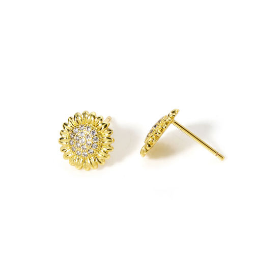 Imagen de 1 Par Respetuoso del Medio Ambiente Elegante Exquisito 18K Oro Real Chapado Latón (sin cadmio)+ Circón Artificial Girasol Pendientes de Poste de Oreja Para Mujeres 10mm x 10mm, Tamaño del Poste/Cable: (20 gauge)