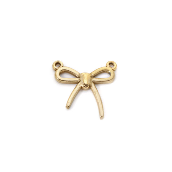 Bild von 2 Stück Umweltfreundlich 304 Edelstahl Kleidung Steckverbinder Charms Anhänger Schleife 18K Vergoldet Hohl 19mm x 18mm