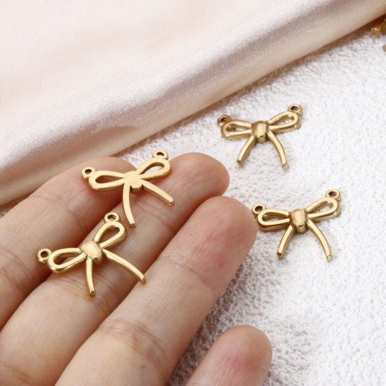 Bild von 2 Stück Umweltfreundlich 304 Edelstahl Kleidung Steckverbinder Charms Anhänger Schleife 18K Vergoldet Hohl 19mm x 18mm
