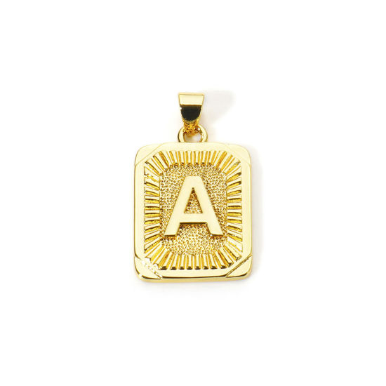 Picture of 2 PCs Eco-friendly Brass Charm Pendant 18K Real Gold Plated Rectangle Capital Alphabet Initial Letter Message " A " 27mm x 16mm