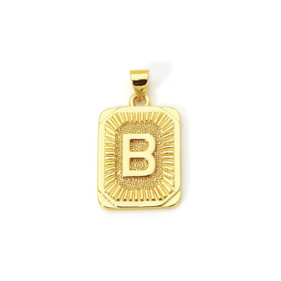 Picture of 2 PCs Eco-friendly Brass Charm Pendant 18K Real Gold Plated Rectangle Capital Alphabet Initial Letter Message " B " 27mm x 16mm