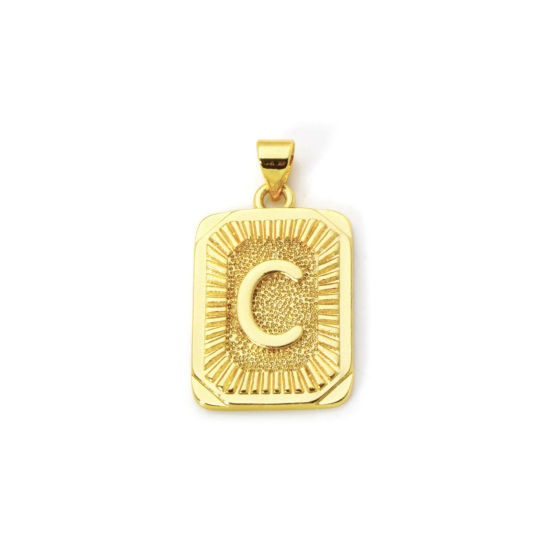 Picture of 2 PCs Eco-friendly Brass Charm Pendant 18K Real Gold Plated Rectangle Capital Alphabet Initial Letter Message " C " 27mm x 16mm