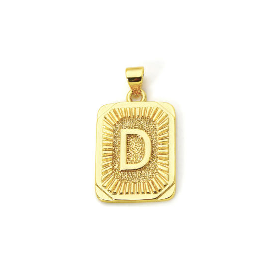 Picture of 2 PCs Eco-friendly Brass Charm Pendant 18K Real Gold Plated Rectangle Capital Alphabet Initial Letter Message " D " 27mm x 16mm