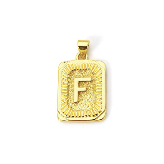 Picture of 2 PCs Eco-friendly Brass Charm Pendant 18K Real Gold Plated Rectangle Capital Alphabet Initial Letter Message " F " 27mm x 16mm