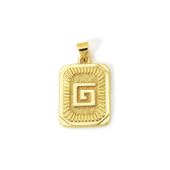 Picture of 2 PCs Eco-friendly Brass Charm Pendant 18K Real Gold Plated Rectangle Capital Alphabet Initial Letter Message " G " 27mm x 16mm