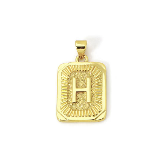 Picture of 2 PCs Eco-friendly Brass Charm Pendant 18K Real Gold Plated Rectangle Capital Alphabet Initial Letter Message " H " 27mm x 16mm