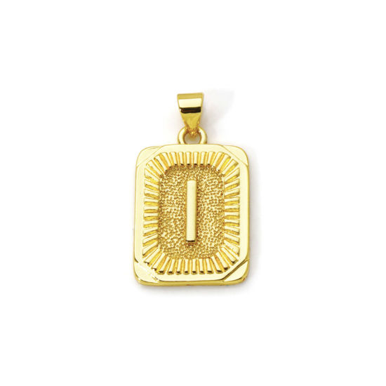 Picture of 2 PCs Eco-friendly Brass Charm Pendant 18K Real Gold Plated Rectangle Capital Alphabet Initial Letter Message " I " 27mm x 16mm