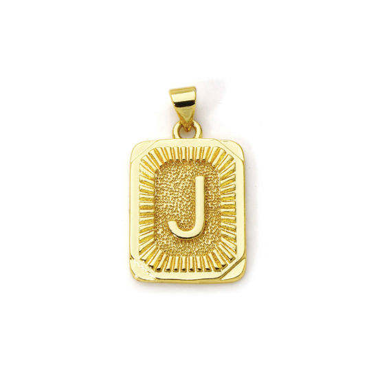 Picture of 2 PCs Eco-friendly Brass Charm Pendant 18K Real Gold Plated Rectangle Capital Alphabet Initial Letter Message " J " 27mm x 16mm