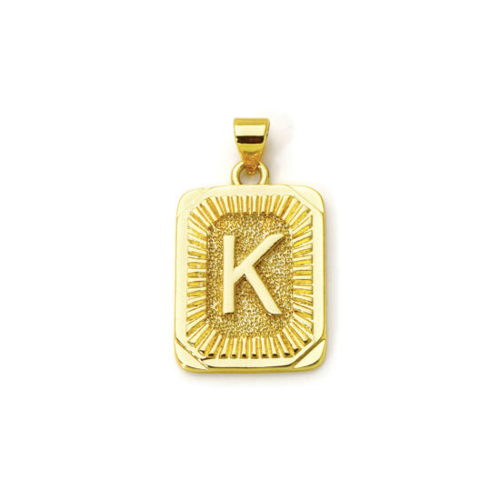 Picture of 2 PCs Eco-friendly Brass Charm Pendant 18K Real Gold Plated Rectangle Capital Alphabet Initial Letter Message " K " 27mm x 16mm