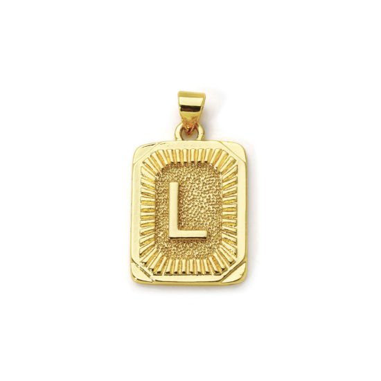 Picture of 2 PCs Eco-friendly Brass Charm Pendant 18K Real Gold Plated Rectangle Capital Alphabet Initial Letter Message " L " 27mm x 16mm