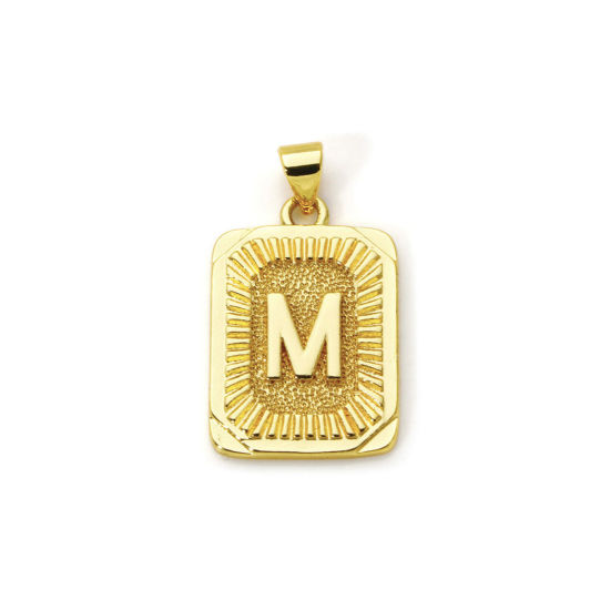 Picture of 2 PCs Eco-friendly Brass Charm Pendant 18K Real Gold Plated Rectangle Capital Alphabet Initial Letter Message " M " 27mm x 16mm