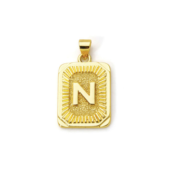Picture of 2 PCs Eco-friendly Brass Charm Pendant 18K Real Gold Plated Rectangle Capital Alphabet Initial Letter Message " N " 27mm x 16mm