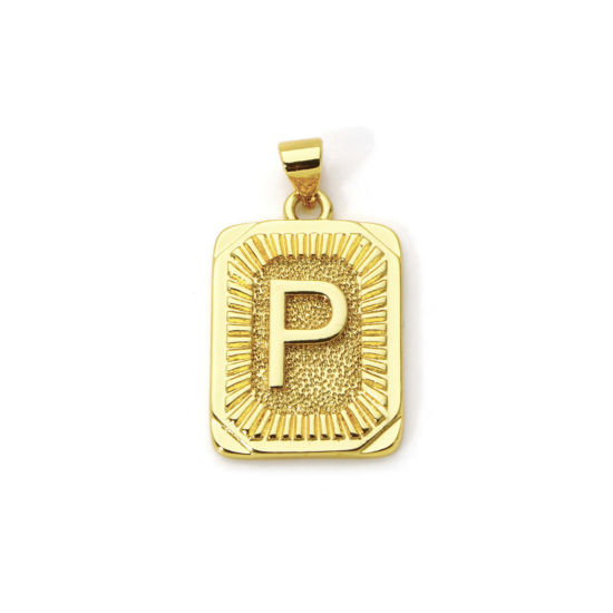 Picture of 2 PCs Eco-friendly Brass Charm Pendant 18K Real Gold Plated Rectangle Capital Alphabet Initial Letter Message " P " 27mm x 16mm