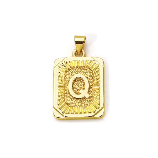 Picture of 2 PCs Eco-friendly Brass Charm Pendant 18K Real Gold Plated Rectangle Capital Alphabet Initial Letter Message " Q " 27mm x 16mm