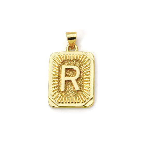 Picture of 2 PCs Eco-friendly Brass Charm Pendant 18K Real Gold Plated Rectangle Capital Alphabet Initial Letter Message " R " 27mm x 16mm