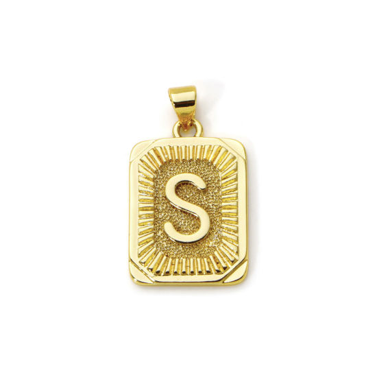 Picture of 2 PCs Eco-friendly Brass Charm Pendant 18K Real Gold Plated Rectangle Capital Alphabet Initial Letter Message " S " 27mm x 16mm