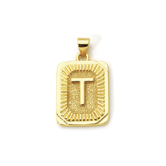 Picture of 2 PCs Eco-friendly Brass Charm Pendant 18K Real Gold Plated Rectangle Capital Alphabet Initial Letter Message " T " 27mm x 16mm
