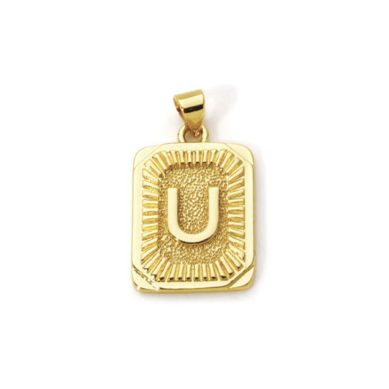 Picture of 2 PCs Eco-friendly Brass Charm Pendant 18K Real Gold Plated Rectangle Capital Alphabet Initial Letter Message " U " 27mm x 16mm
