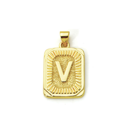 Picture of 2 PCs Eco-friendly Brass Charm Pendant 18K Real Gold Plated Rectangle Capital Alphabet Initial Letter Message " V " 27mm x 16mm
