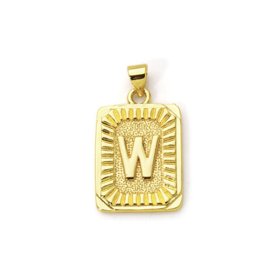 Picture of 2 PCs Eco-friendly Brass Charm Pendant 18K Real Gold Plated Rectangle Capital Alphabet Initial Letter Message " W " 27mm x 16mm
