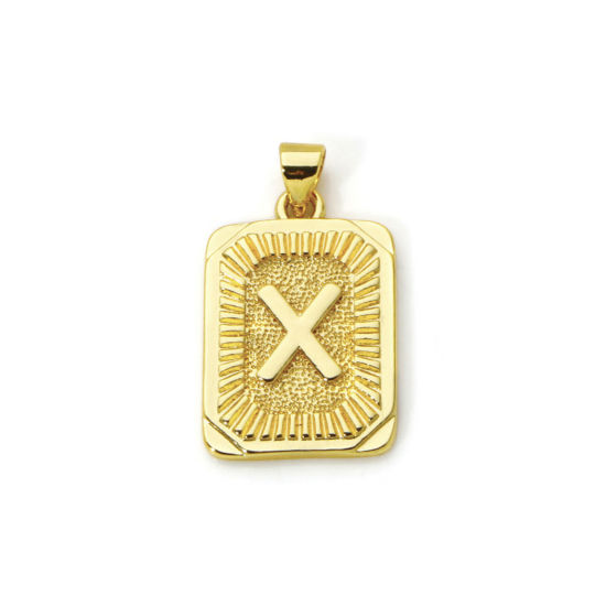 Picture of 2 PCs Eco-friendly Brass Charm Pendant 18K Real Gold Plated Rectangle Capital Alphabet Initial Letter Message " X " 27mm x 16mm