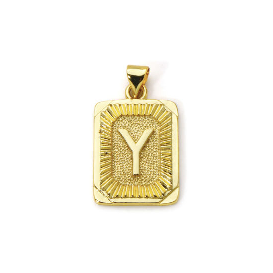 Picture of 2 PCs Eco-friendly Brass Charm Pendant 18K Real Gold Plated Rectangle Capital Alphabet Initial Letter Message " Y " 27mm x 16mm