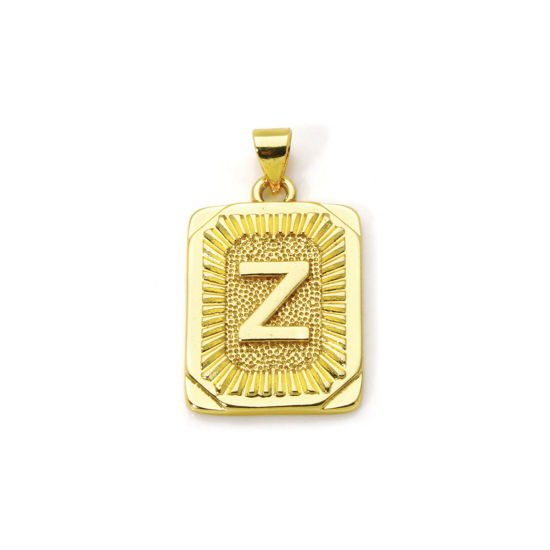 Picture of 2 PCs Eco-friendly Brass Charm Pendant 18K Real Gold Plated Rectangle Capital Alphabet Initial Letter Message " Z " 27mm x 16mm