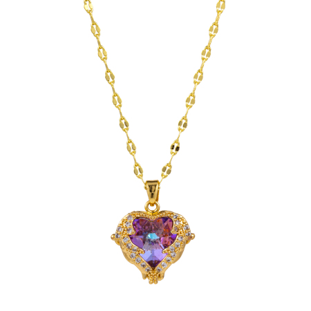 Picture of 1 Piece Eco-friendly Valentine's Day 18K Real Gold Plated Brass & Glass Lips Chain Heart Wing Luxury Colorful Crystal Ocean Heart Pendant Charm Necklace For Women 45cm(17.7") + 5cm(2") long