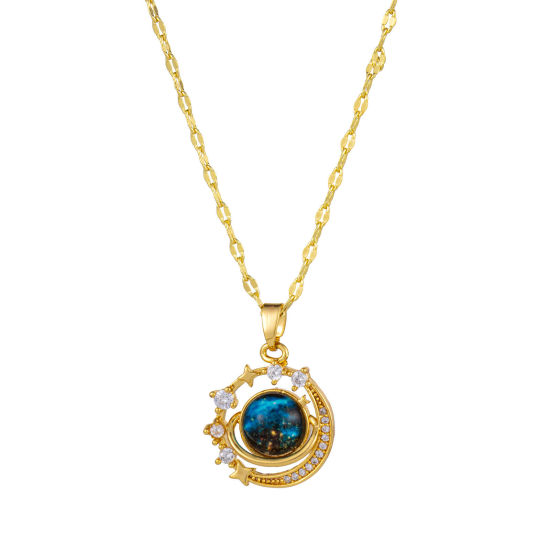 Image de 1 Pièce Collier à Pendentif Chaîne Maille Lèvres Galaxie en Laiton & Verre Respectueux de la Nature Plaqué Or Véritable 18K Demi Lune Univers Planète Pour Femmes 45cm + 5cm long