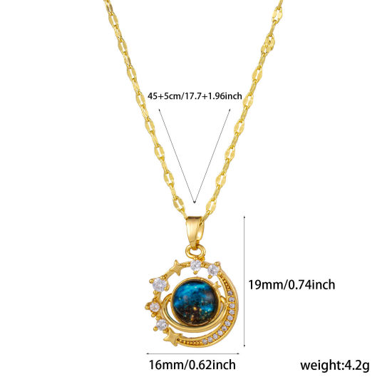 Image de 1 Pièce Collier à Pendentif Chaîne Maille Lèvres Galaxie en Laiton & Verre Respectueux de la Nature Plaqué Or Véritable 18K Demi Lune Univers Planète Pour Femmes 45cm + 5cm long