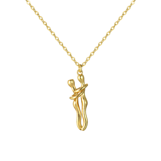 Picture of 1 Piece Hip Hop Valentine's Day 18K Real Gold Plated Brass Link Cable Chain Lovers 3D Hug Pendant Charm Necklace for Couples Elegant Love Symbol Unisex Perfect for Party & Daily Wear New Fashion 46cm(18.1") + 6cm(2.4") long