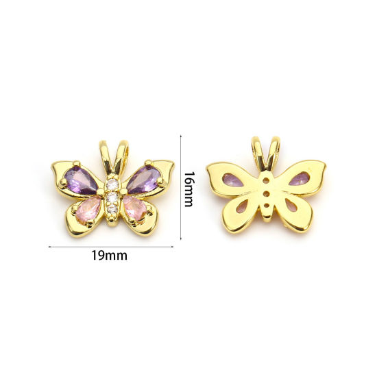 1 個 エコフレンドリー 真鍮 昆虫 チャーム 18Kリアルゴールドメッキ 蝶 ピンク+紫 ジルコン 19mm x 16mm、 の画像