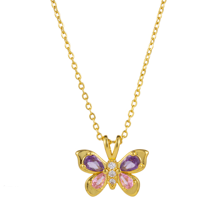 Picture of 1 Piece Eco-friendly Natural Pastoral Insect 18K Real Gold Plated Brass & Cubic Zirconia Link Cable Chain Butterfly Animal Pendant Charm Necklace For Women Gift 46cm(18.1") + 6cm(2.4") long