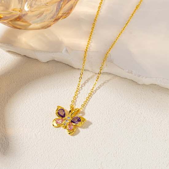 Image de 1 Pièce Collier à Pendentif Chaîne Maille Forçat Insecte en Laiton & Zirconia Cubique Respectueux de la Nature Pastorale Naturelle Plaqué Or Véritable 18K Papillon Pour Femmes Cadeau 46cm + 6cm long