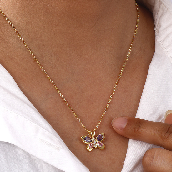 Image de 1 Pièce Collier à Pendentif Chaîne Maille Forçat Insecte en Laiton & Zirconia Cubique Respectueux de la Nature Pastorale Naturelle Plaqué Or Véritable 18K Papillon Pour Femmes Cadeau 46cm + 6cm long