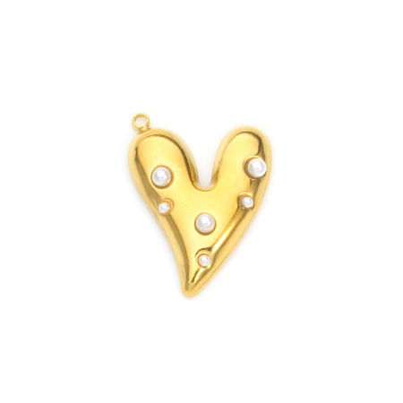 Picture of 2 PCs Eco-friendly PVD Vacuum Plating Waterproof Anti-Tarnish Hypoallergenic 304 Stainless Steel Valentine's Day Charms 18K Real Gold Plated Heart Acrylic Imitation Pearl 25mm x 18.5mm