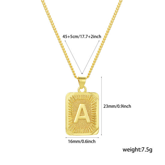 Imagen de 1 Unidad Respetuoso del Medio Ambiente Elegante Letra Mayúscula 18K Oro Real Chapado Latón Cadenas de Curb Rectángulo Raya Mensaje " A " Collar con Colgante Unisexo 45cm + 5cm longitud