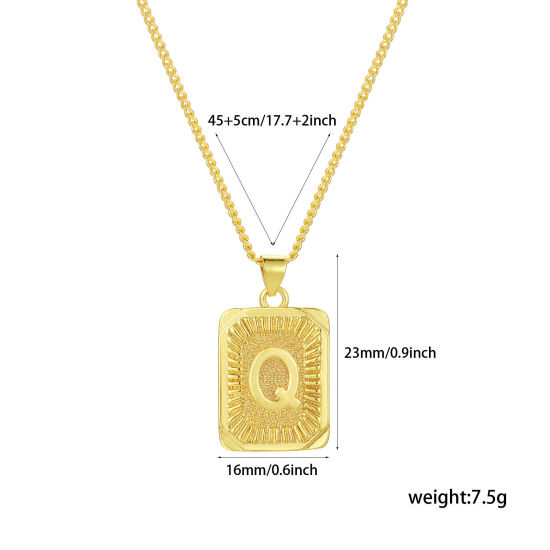 Imagen de 1 Unidad Respetuoso del Medio Ambiente Elegante Letra Mayúscula 18K Oro Real Chapado Latón Cadenas de Curb Rectángulo Raya Mensaje " Q " Collar con Colgante Unisexo 45cm + 5cm longitud
